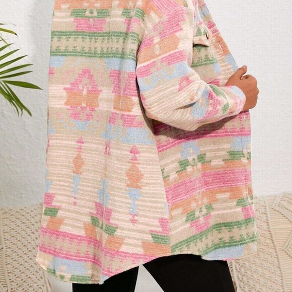 Pink Casual Womens Allover Print Drop Shoulder Flap Pocket Coat - Picture 2 of 5